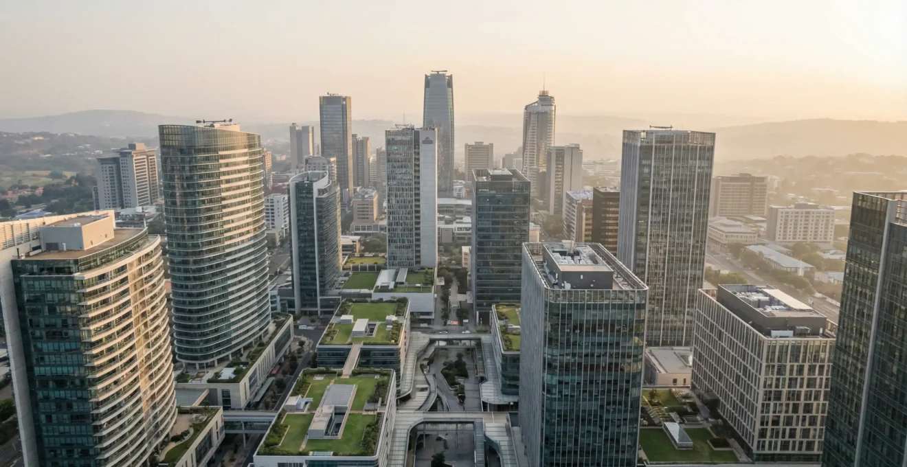 Modern business district skyline representing African market expansion opportunities