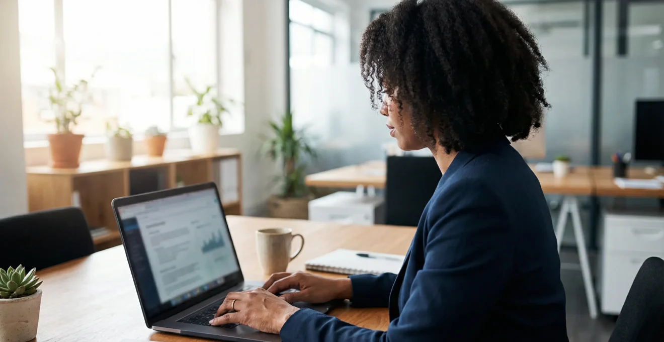HR professional reviewing employment documentation on laptop in modern African office