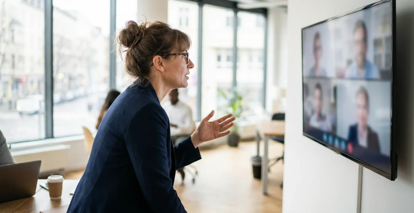 Professional conducting video conference with remote African colleagues visible on monitor
