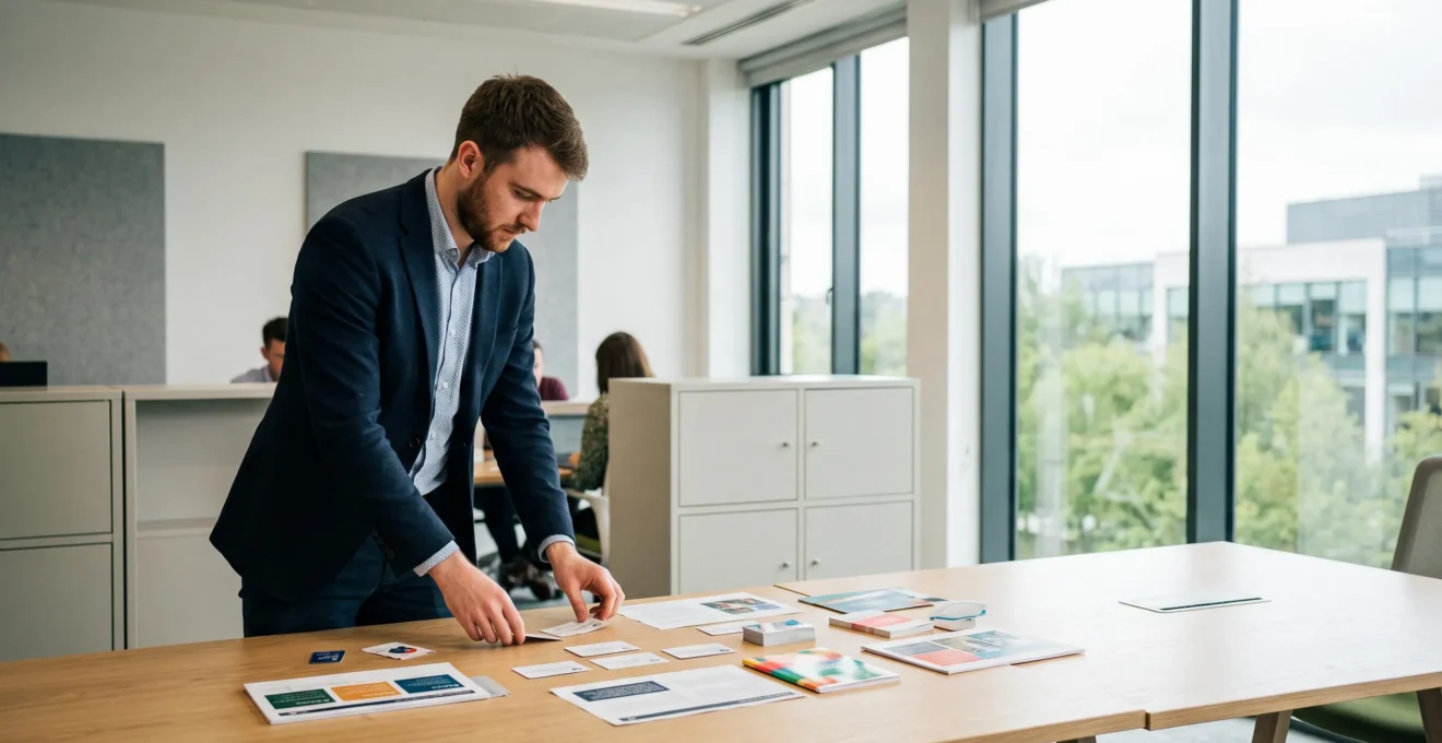 Professional candidate working on assessment exercise materials at a table in a modern office assessment room