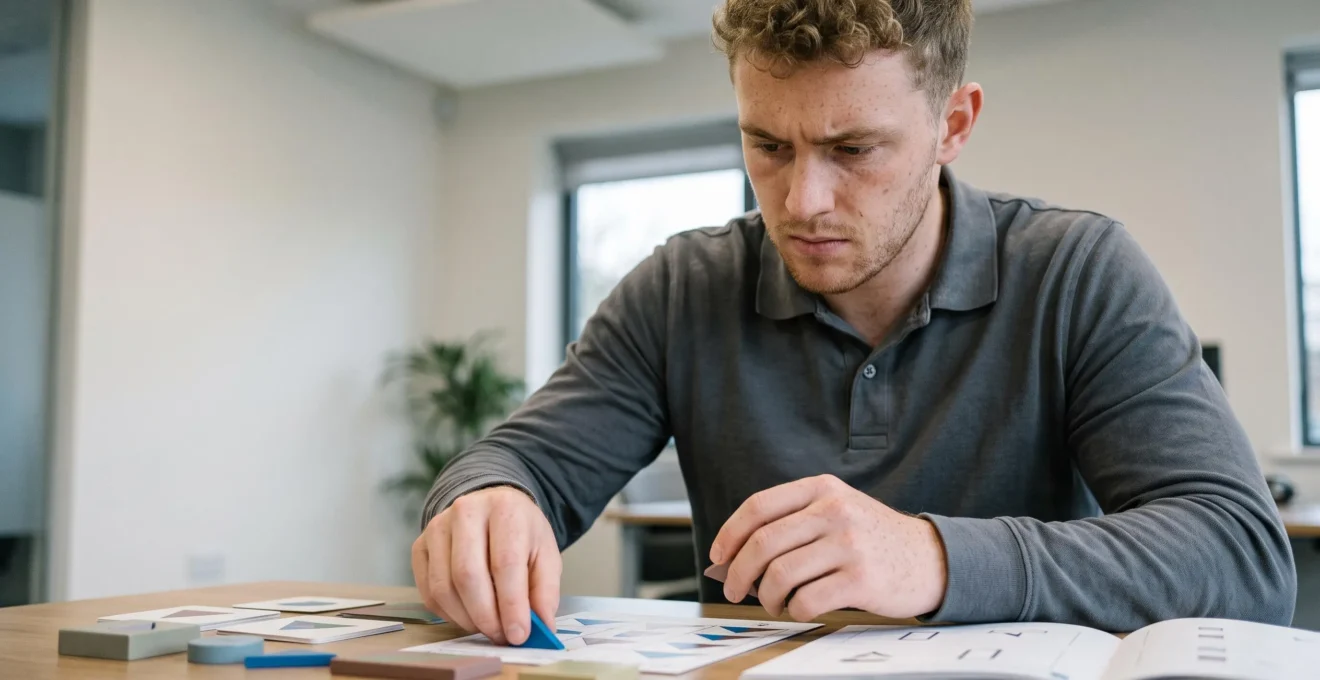 Candidate focused on completing a cognitive assessment exercise at a testing workstation