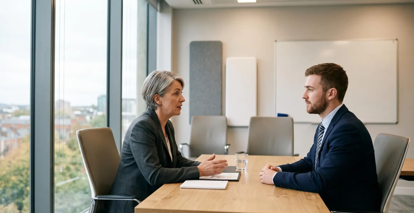 Hiring manager and candidate engaged in conversation during a job interview in a modern office