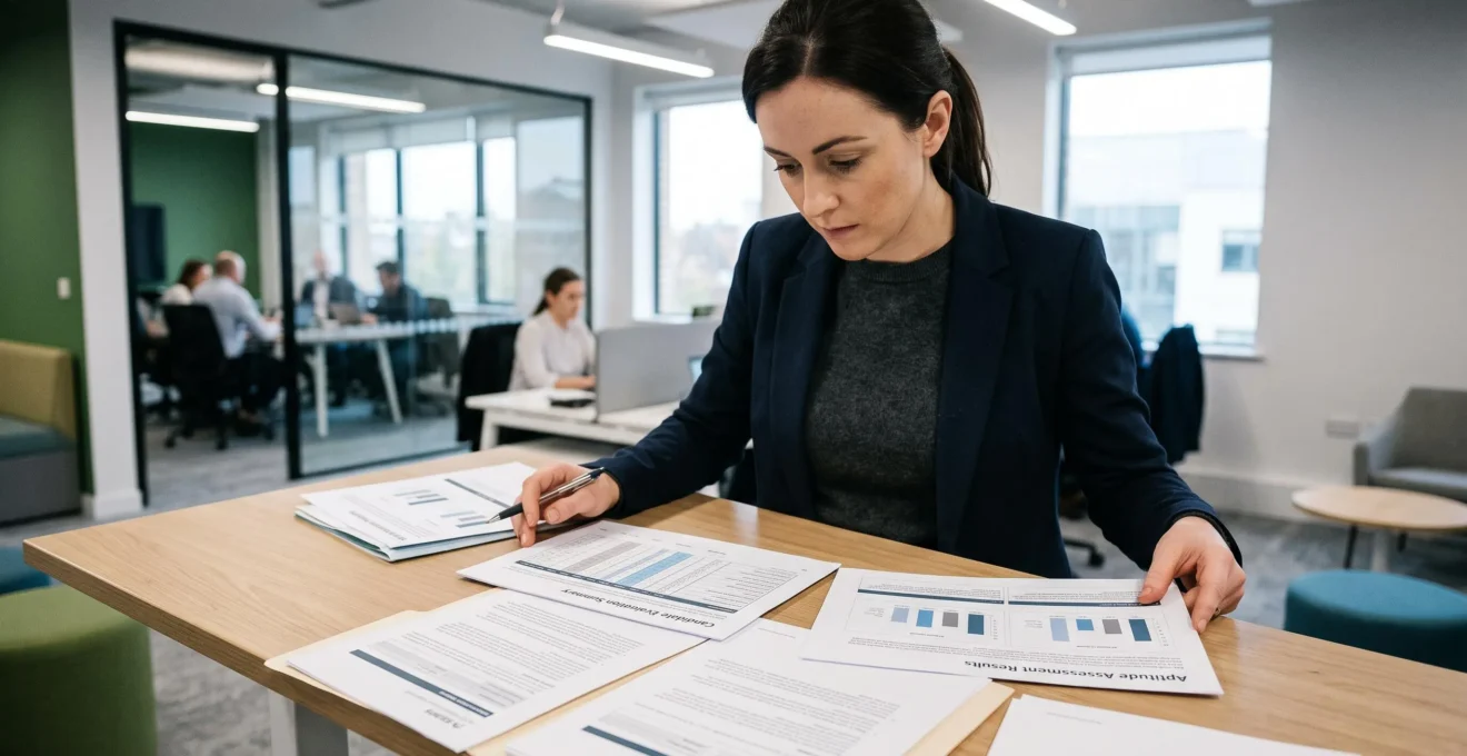 HR professional reviewing and comparing multiple candidate assessment reports on a work surface