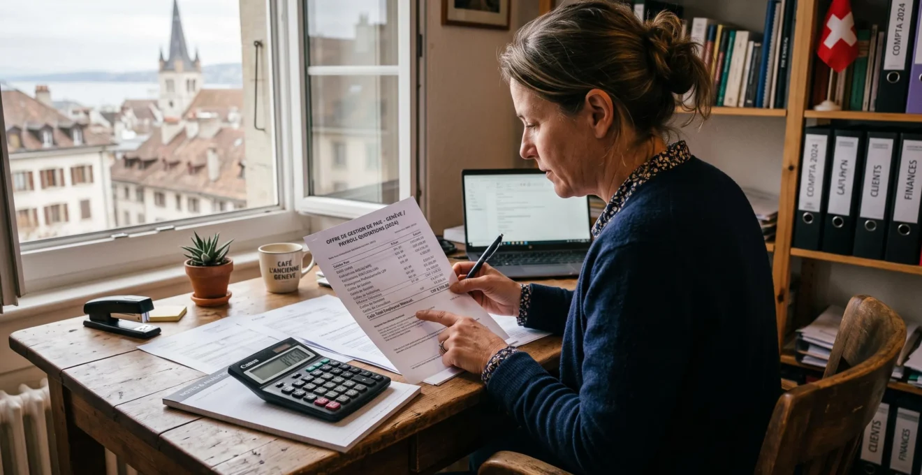 Business owner comparing payroll quotations at her office desk.