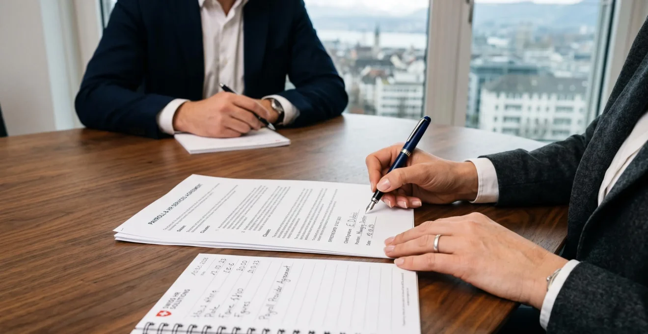 Director signing a payroll service agreement on a conference table.