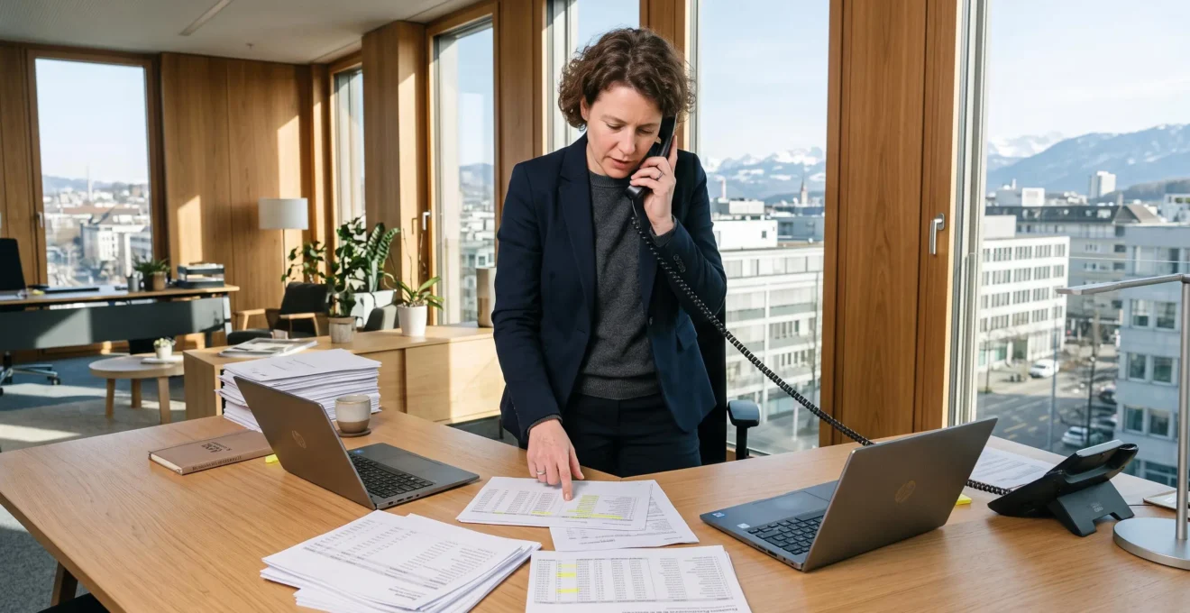HR manager reviewing payroll documents in a bright Swiss office.