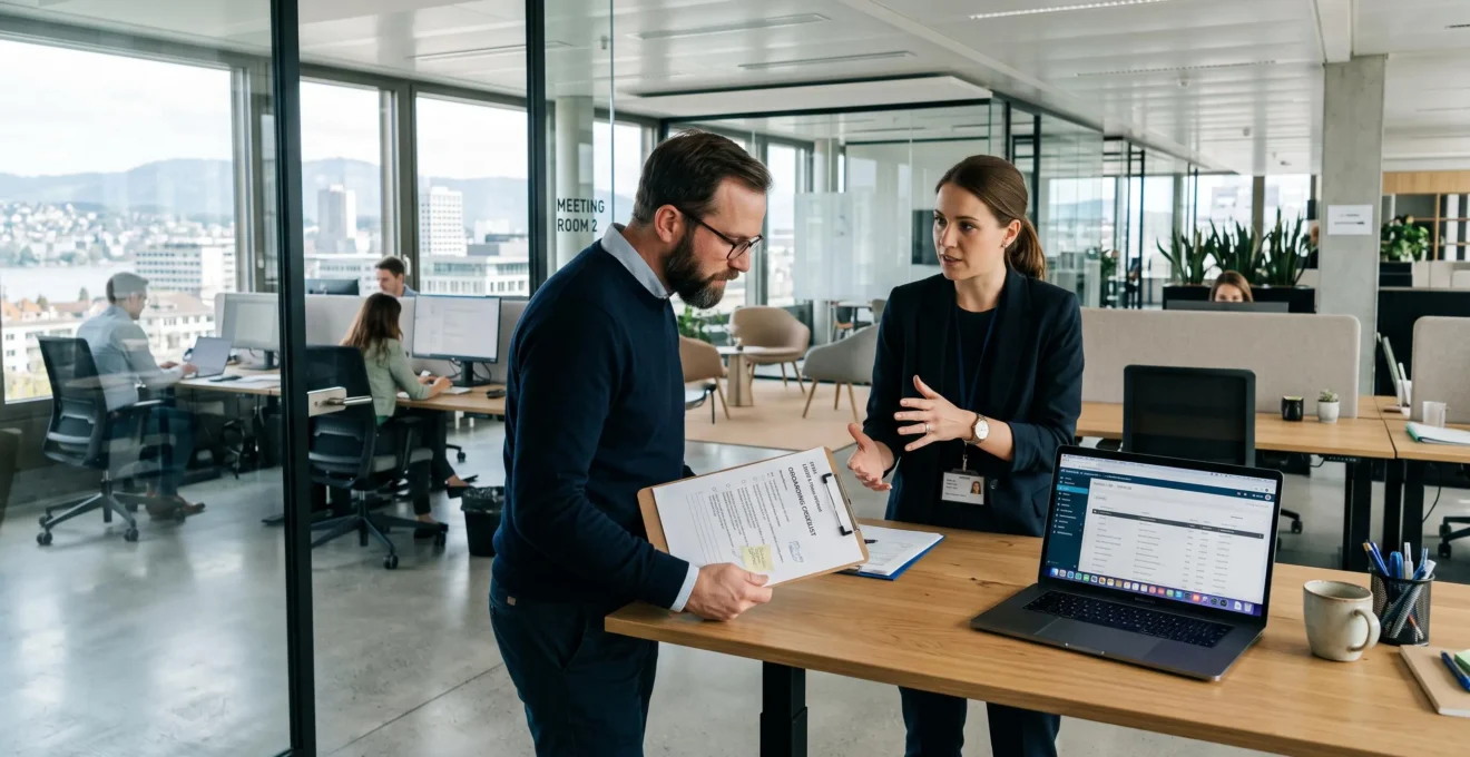 Payroll specialist guiding a client through onboarding in a Zurich office.